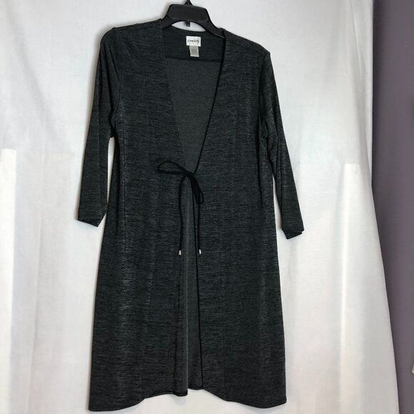 Chicos Gray Long Cardigan Duster Tag Size 1 Open Front with tie.              KS - Picture 1 of 8